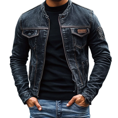Men's Vintage Washed Baseball Collar Slim Fit Denim Jacket MTA1993H5X