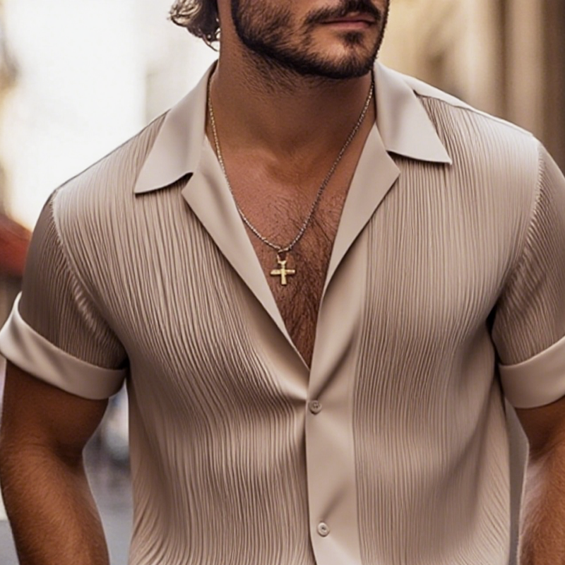 Men's Solid Satin Pleated Lapel Short Sleeve Shirt MTA0317G0Z