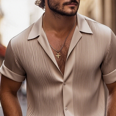Men's Solid Satin Pleated Lapel Short Sleeve Shirt MTA0317G0Z