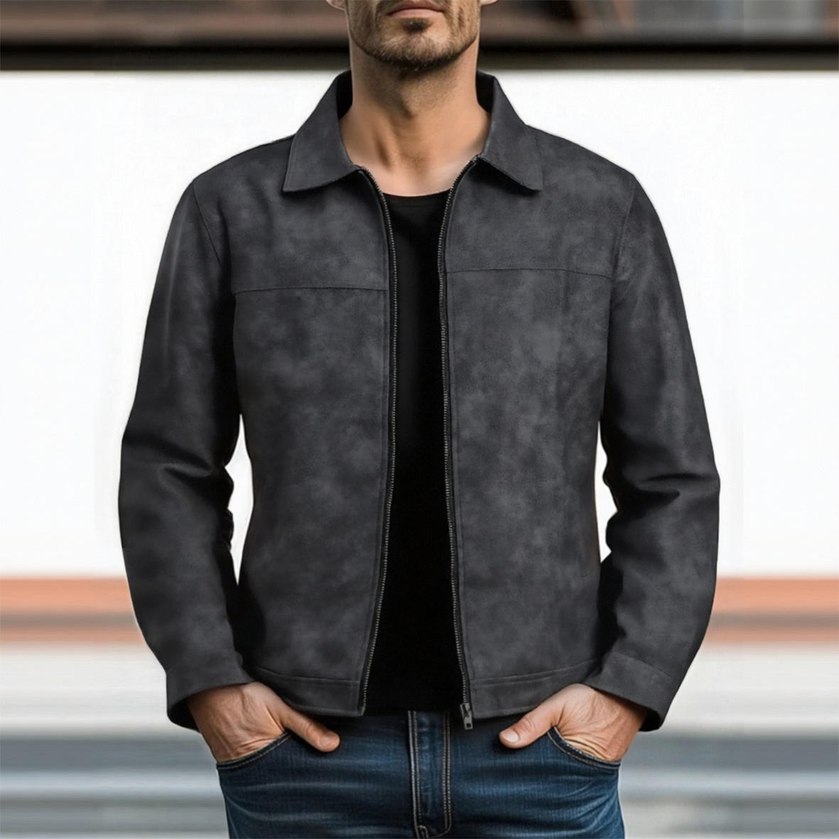 Mens Classic Fashion Zipper PU Leather Jacket