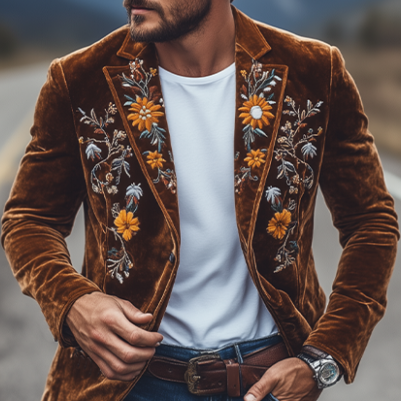 Men's Classic Retro Slim Fit Single Breasted Faux Velvet Embroidered Blazer 43171298K