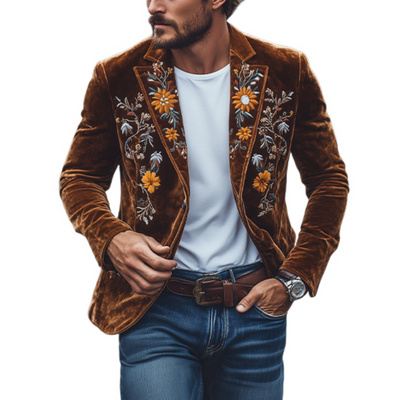 Men's Classic Retro Slim Fit Single Breasted Faux Velvet Embroidered Blazer 43171298K