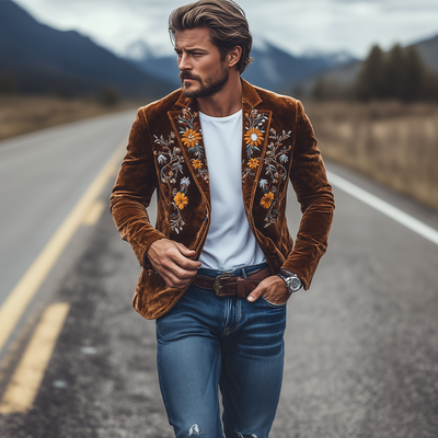 Men's Classic Retro Slim Fit Single Breasted Faux Velvet Embroidered Blazer 43171298K