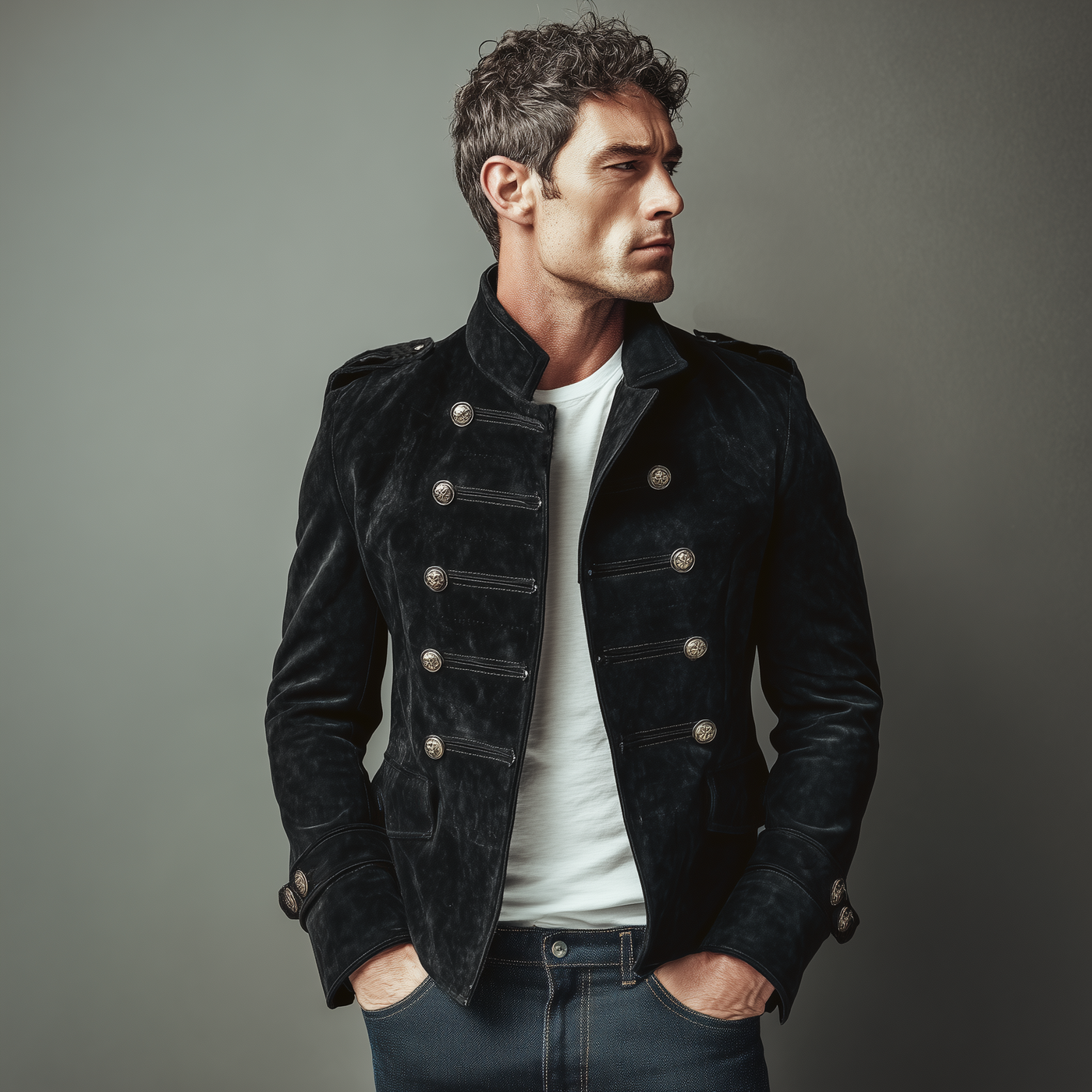 Men's Classic Retro Stand Collar Suede Double-breasted Slim-fit Jacket MTA2282H6K