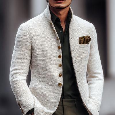 Men's Solid Tweed Stand Collar Single Breasted Casual Jacket MTA2939H6Z