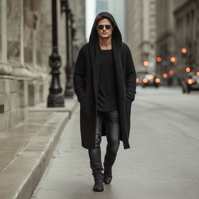 Men's Autumn And Winter Fashion Solid Color Cotton Yarn Knitted Long Hooded Cardigan MTA2378I9P