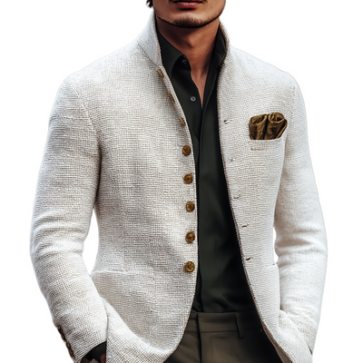 Men's Solid Tweed Stand Collar Single Breasted Casual Jacket MTA2939H6Z
