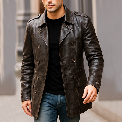 Men's Vintage Distressed PU Leather Double-breasted Short Coat MTA0429I0U