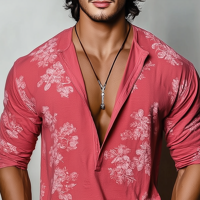 Men's Floral Henley Collar Long Sleeve T-shirt MTA3022G0Z
